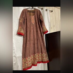 Plus size 3 pcs Elegant Brown Embroidered Dress
